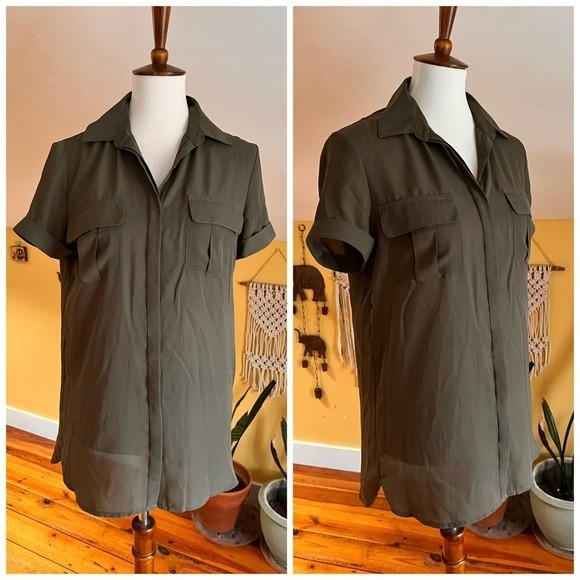 Covington Women Tunic Blouse Small Short Sleeve Button Front Collar Olive Green - Picture 1 of 6